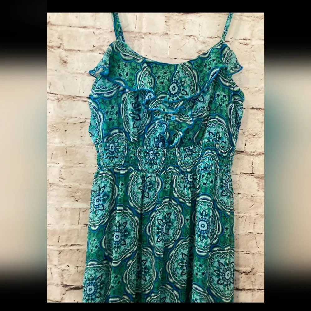 Maxi Dress Womens L Teal Green Medallion Print Ruffle Full Length Sleeve… - Picture 3 of 8